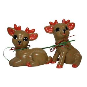 2 Vintage Ceramic Christmas‎ Quilted Hand Painted Kimple Mold Reindeer Red Dots